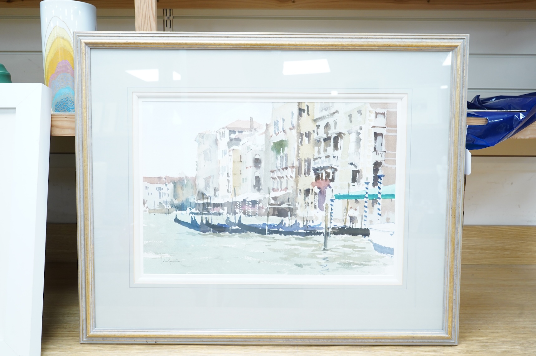 Contemporary, ‘Canal Facades’, Venetian scene, indistinctly signed, watercolour, 34 x 50cm
